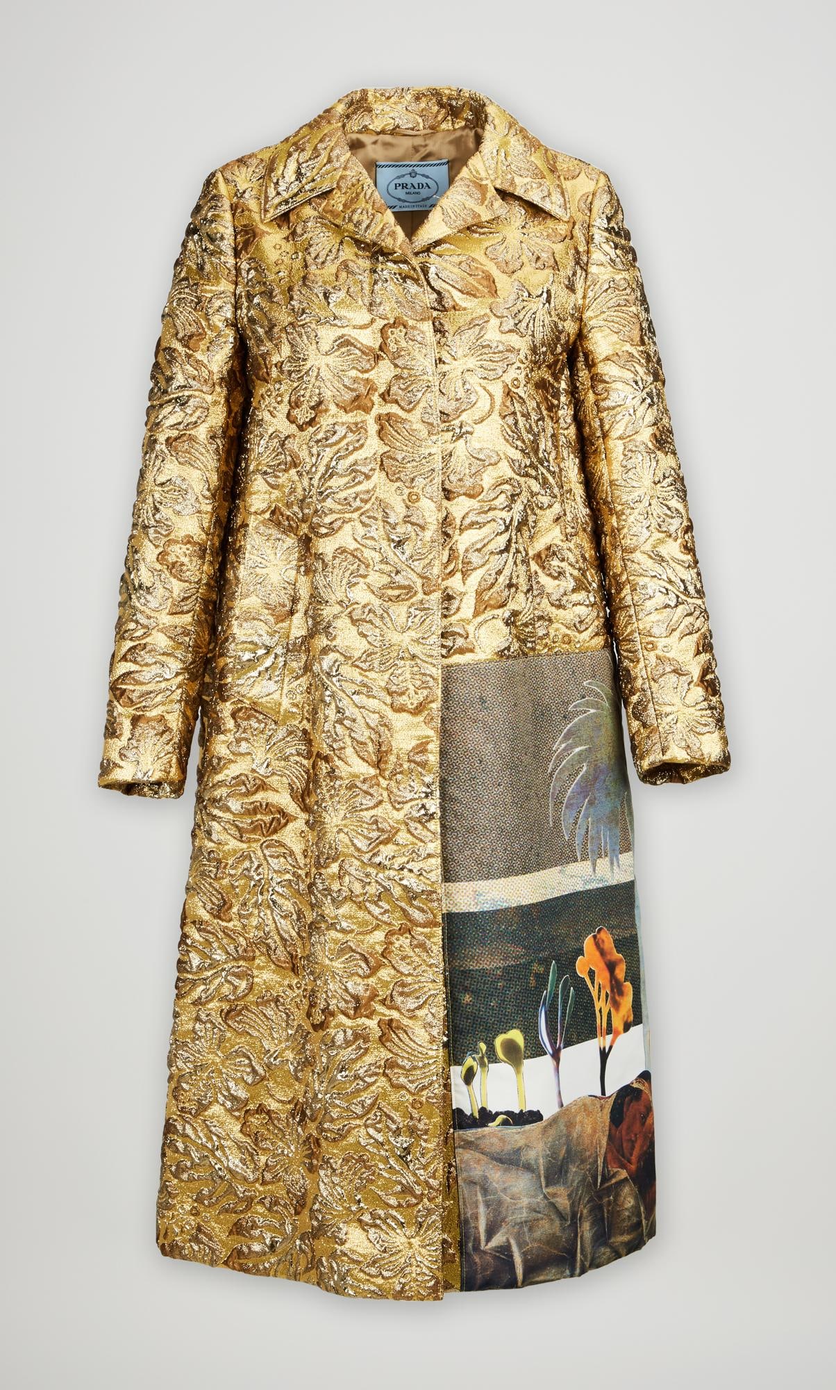 Prada | Fall 2016 Gold Brocade Runway Coat: Prada gold lurex brocade evening coat designed by Miuccia Prada for the fall 2016 runway collection, look 51. This design was look 51 for the show. The coat is single-breasted, with a notch lapel coll