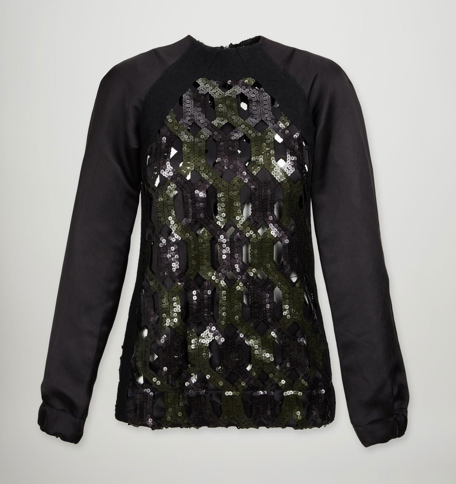 Miu Miu | Fall 2008 Sequin Cut-Out Top: Miuccia Prada black and green eyelet sequin long-sleeve tunic designed for the Miu Miu fall 2008 runway collection. The tunic features a high neckline, long satin-blend sleeves with gathering at the e