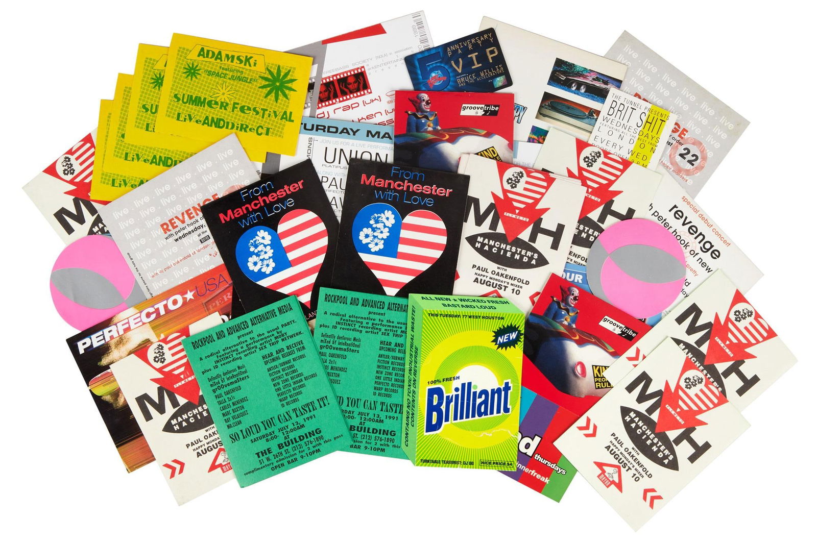 Paul Oakenfold | Collection of Early 1990s US House and Rave Flyers Including Early Moby: A collection of twenty-five US House Music Club Flyers, the majority early 1990s, featuring Paul Oakenfold, including: A flyer "This Tuesday: 77 West Houston / 100% Fresh Brilliant / Turntable Te