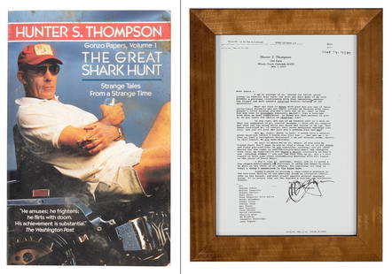 Paul Oakenfold | Hunter S. Thompson Signed "The Great Shark Hunt" and Copy of Typed Letter: A copy of The Great Shark Hunt by Hunter S. Thompson, signed and inscribed by Thompson to Paul Oakenfold on the title page: "Dear Paul, We can't beat the swine suckers but if choose our
