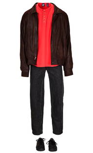 Jake and the Fatman | Jake Styles (Joe Penny) Leather Jacket & Tee Ensemble: An original ensemble worn by Joe Penny as investigator Jake Styles on the CBS crime drama series Jake and the Fat Man (Viacom Productions, 1987-92). The ensemble consists of a Mel Fo