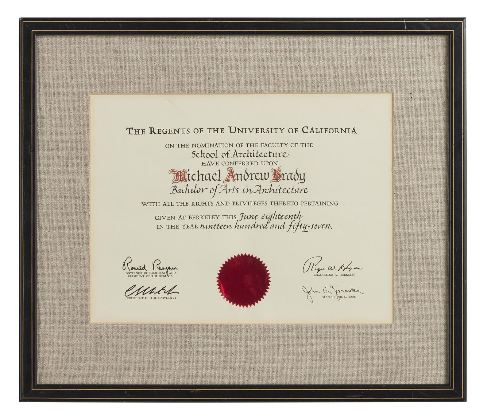 The Brady Bunch | Mike Brady (Robert Reed) Framed Architecture Degree Signed by Florence Henderson