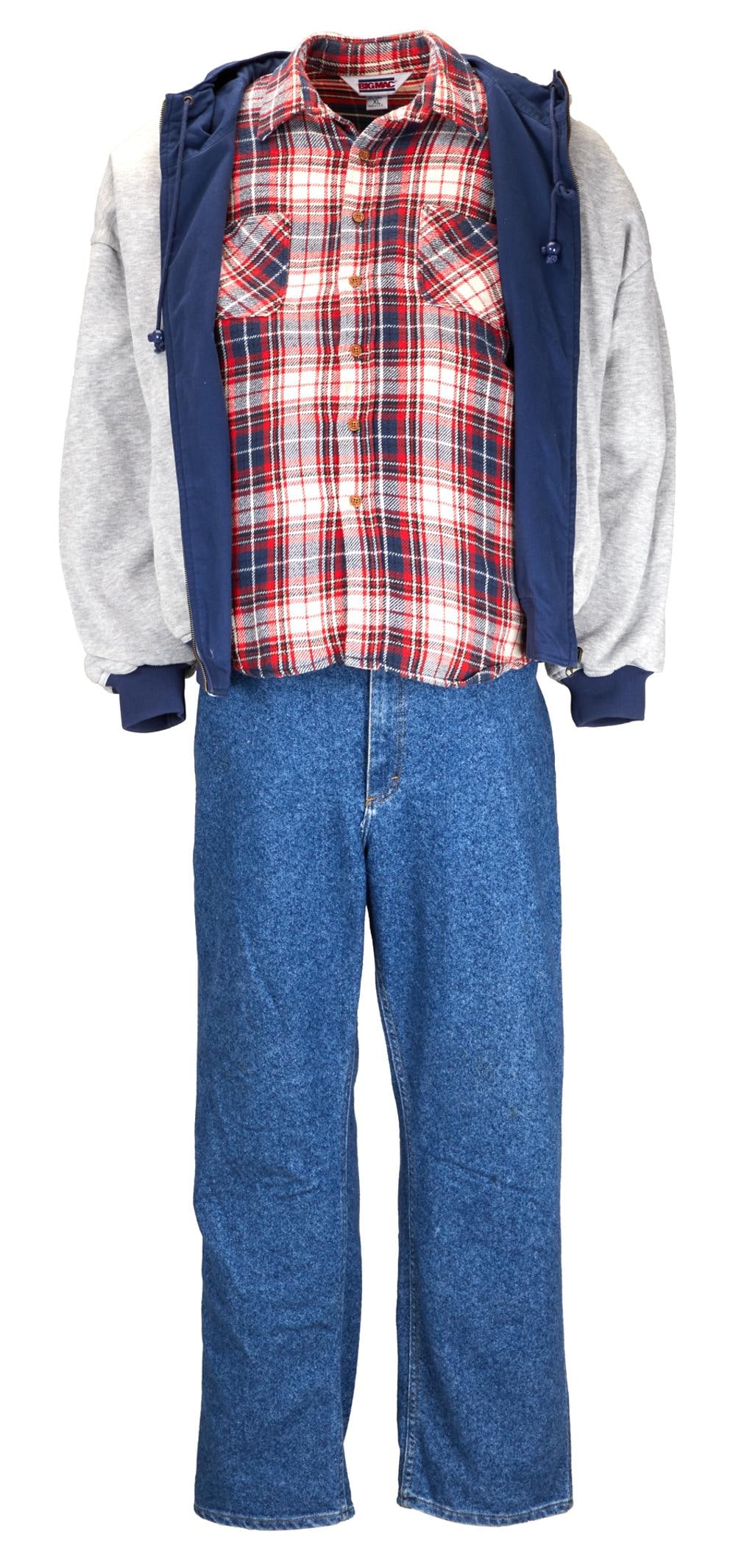 Roseanne | Dan Conner (John Goodman) Ensemble: A three-piece ensemble comprised of a red, white, and blue plaid shirt, a reversible grey and blue hoodie, and a pair of Lee jeans for Dan Conner (John Goodman) from the production of Roseanne (The Ca