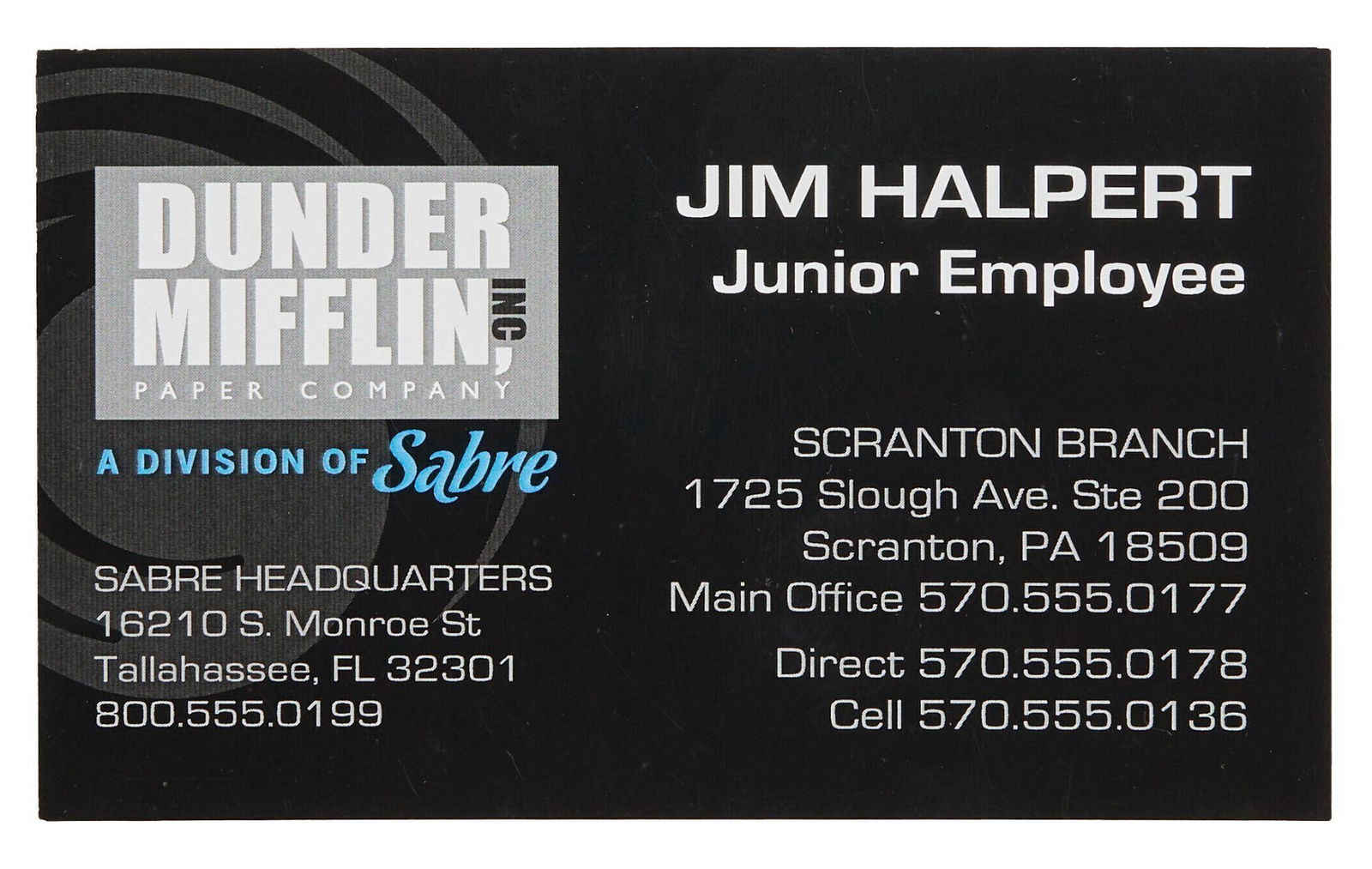 The Office | Jim Halpert (John Krasinski) Dunder-Mifflin Inc. A Division of Sabre Business Card: A group of four oversized business card props for John Krasinski as "Jim Halpert" in the production of the television series The Office (Deedle-Dee Productions, 2010-2011). The cards r