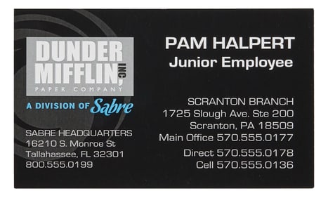 The Office | Pam Halpert (Jenna Fisher) Dunder-Mifflin Inc. A Division of Sabre Business Card Props