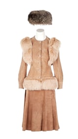 Dynasty | Alexis Carrington Colby (Joan Collins) "Parental Consent" Nolan Miller Tan Suede and Fox