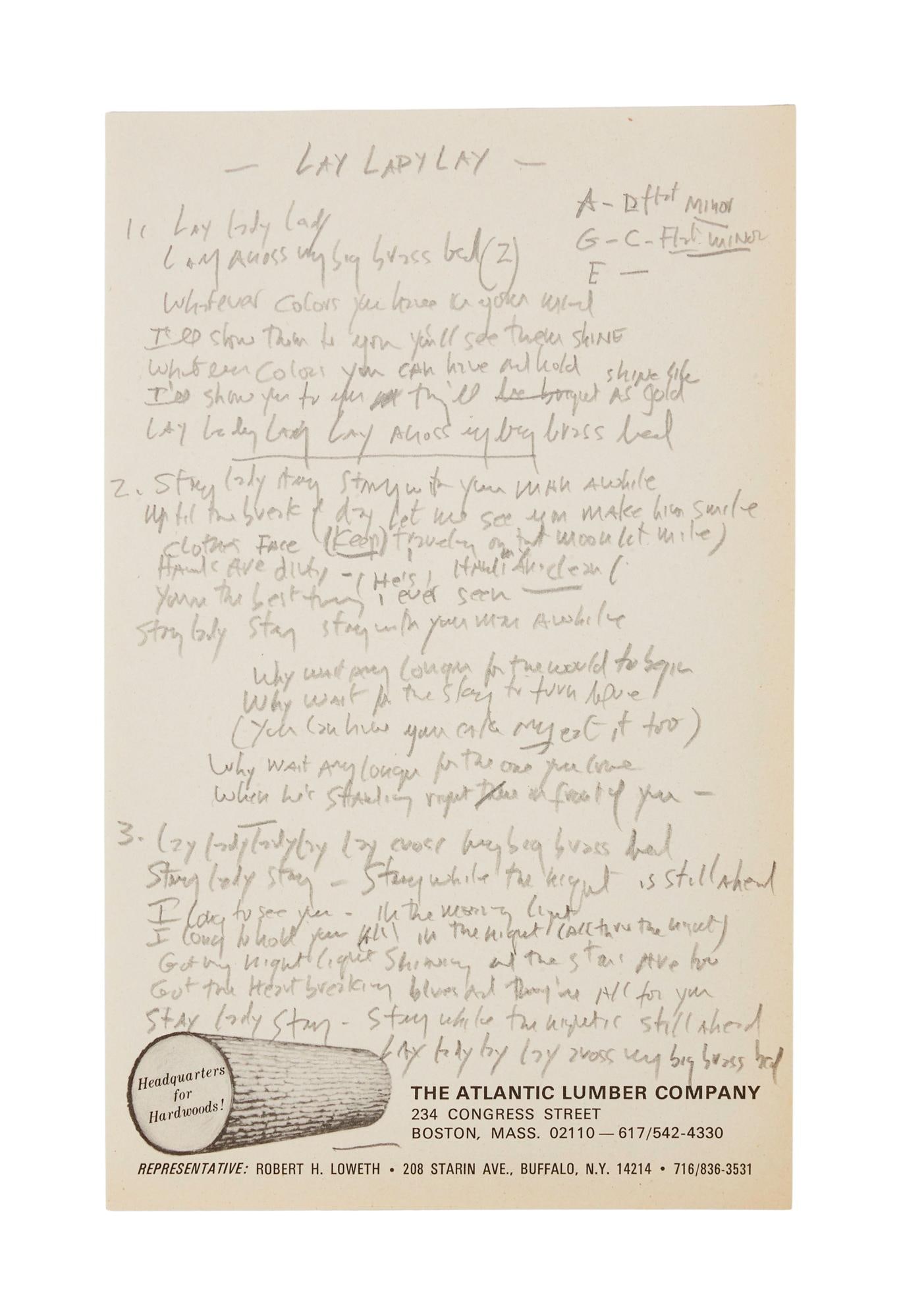 Bob Dylan | Vintage Handwritten "Lay Lady Lay" Lyrics with LOA from Jeff Rosen: A set of lyrics for Bob Dylan's "Lay, Lady, Lay," handwritten in pencil by Dylan on a single sheet of stationary from Boston's Atlantic Lumber Company, with the title and chords written at t