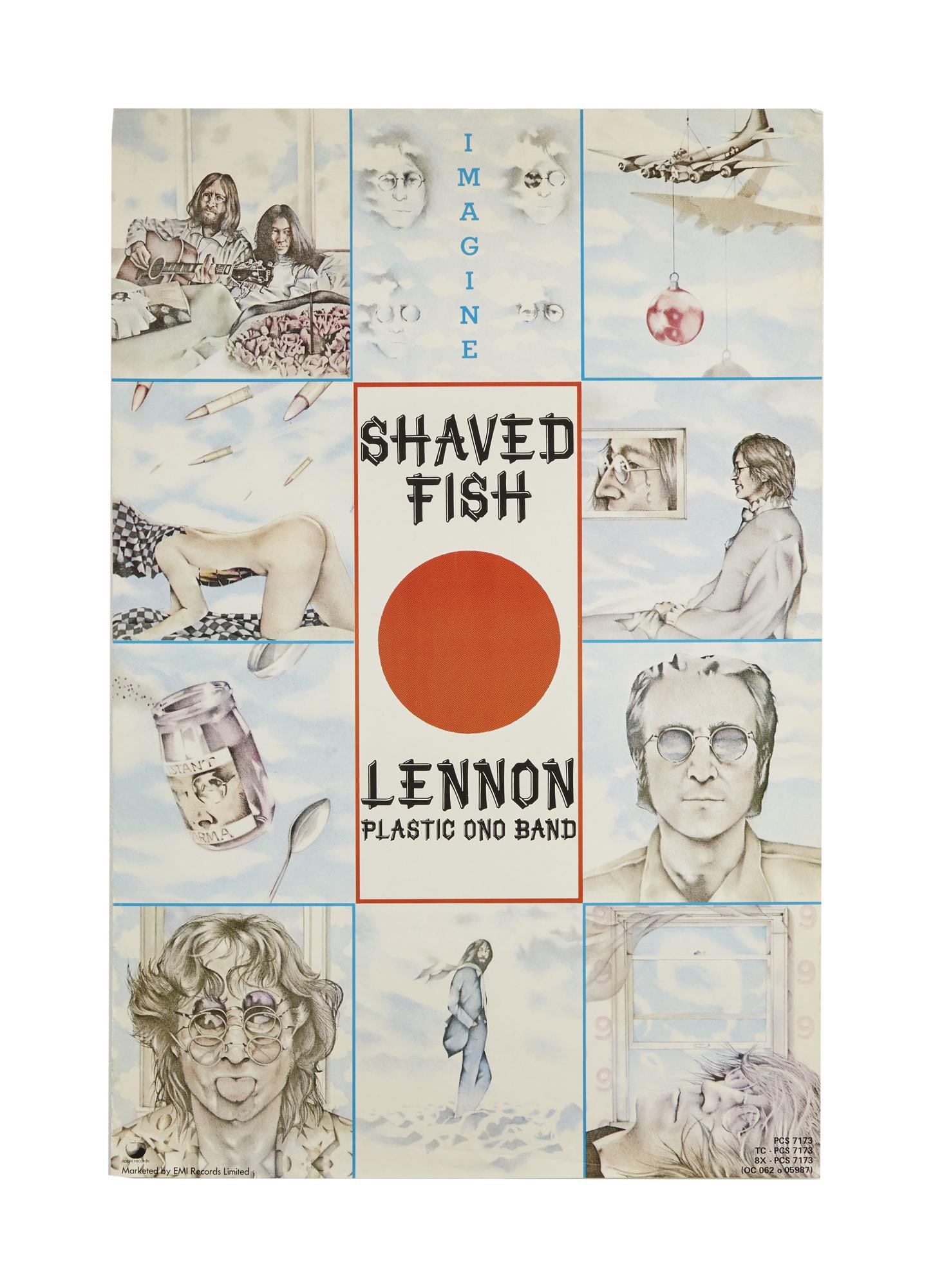 The Julian Lennon Collection | John Lennon and Plastic Ono Band "Shaved Fish" Promo Poster: An original promotional poster for John Lennon and Plastic Ono Band's 1975 compilation album Shaved Fish. The poster features twelve rectangles, each with illustrations done by Michael Bryan, and