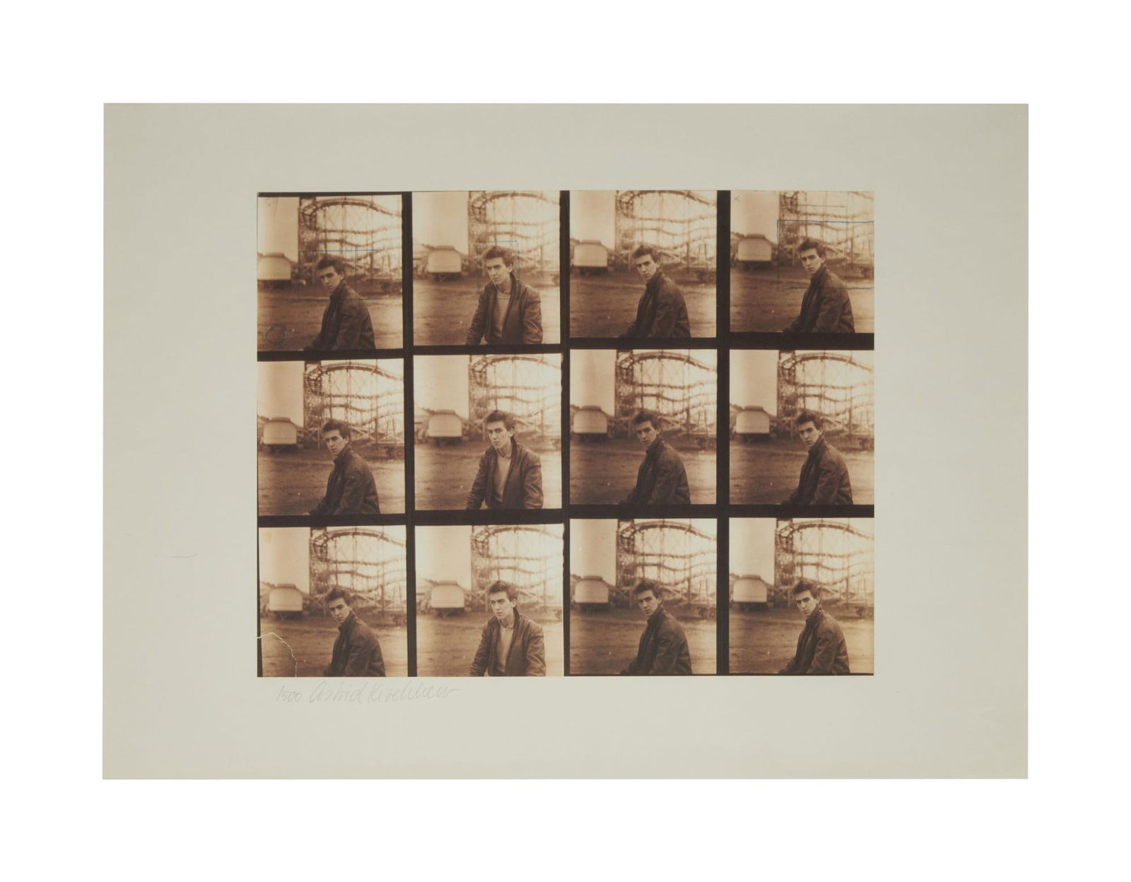 The Beatles | Astrid Kirchherr Signed George Harrison Contact Sheet Print: A sepia contact sheet print featuring images of George Harrison taken by the photographer Astrid Kirchherr in November of 1960 at Heiligengiestfeld Square in Hamburg, Germany as part of The Beatles' f