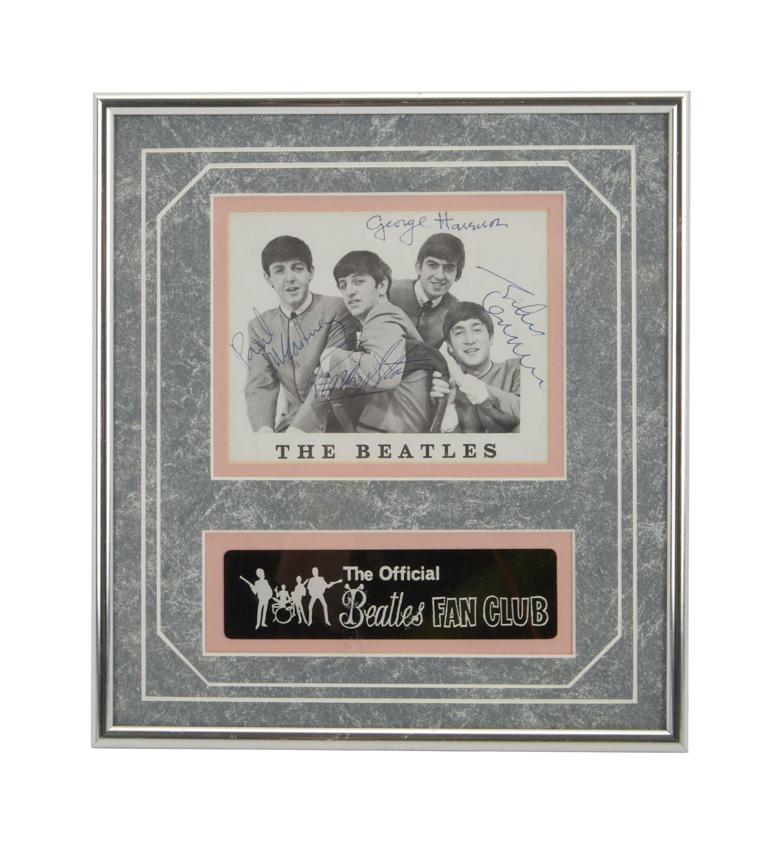 The Beatles | Signed Fan Club Card Display: A framed and matted display featuring a Beatles fan club card, signed on the front in blue ink by Paul McCartney, George Harrison, John Lennon, and Ringo Starr over a black and white image of the band