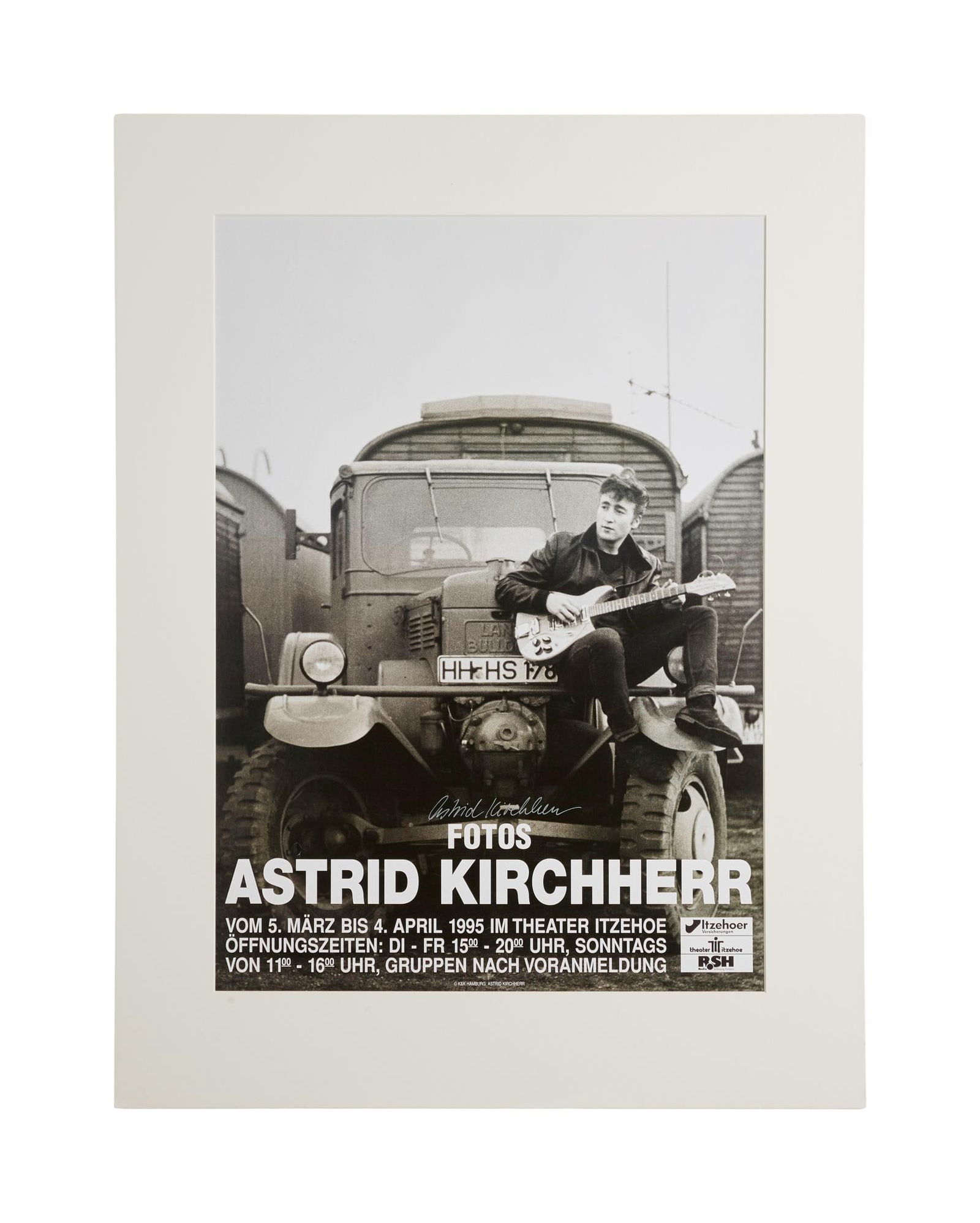 The Beatles | Astrid Kirchherr Signed 1995 Exhibition Poster: A poster for the Astrid Kirchherr photo exhibition that took place at Theater Itzehoe in Offnungszeiten, Germany from March 5th to April 4th, 1995. The poster features an image of John Lennon taken by