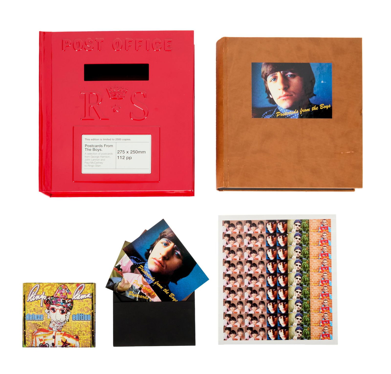 Ringo Starr | Signed Limited Edition "Postcards from the Boys" Book: Ringo Starr's limited edition (999/2500) book Postcards from the Boys (Genesis Books, 2003), signed by Ringo. The oversize, leatherbound volume features reproductions of 53 postcards sent to