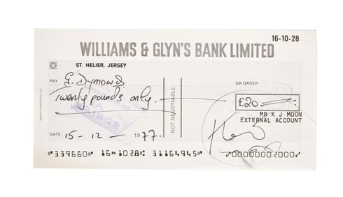 The Who | Keith Moon 1977 Signed Check To His Doctor Geoffrey Dymond