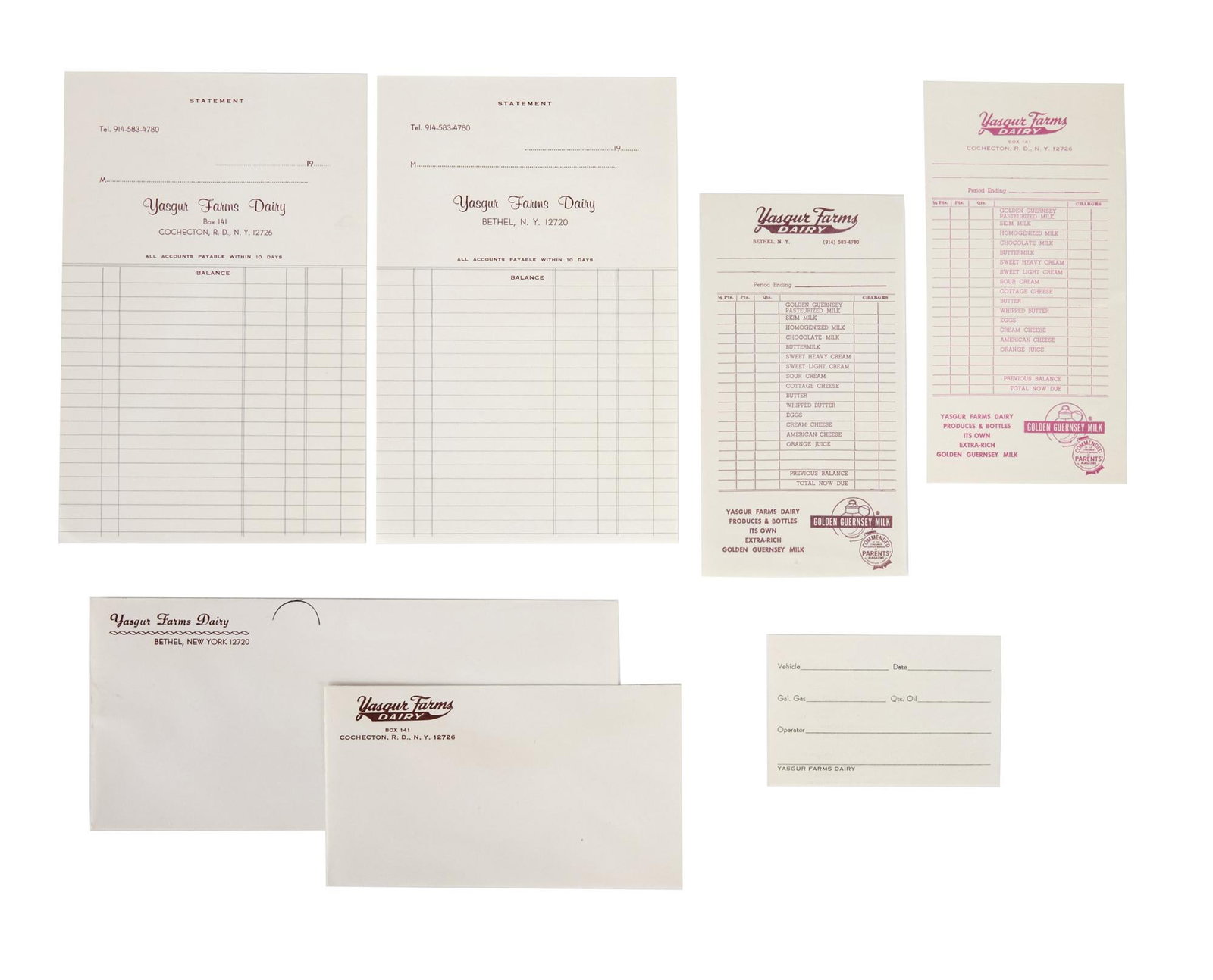 Woodstock | Yasgur Farms Dairy New York 1969 Stationery: A collection of seven pieces of stationery from Yasgur Farms Dairy in Bethel, New York, where Woodstock Music And Arts Fair took place from August 15-18, 1969. The collection consists of tw