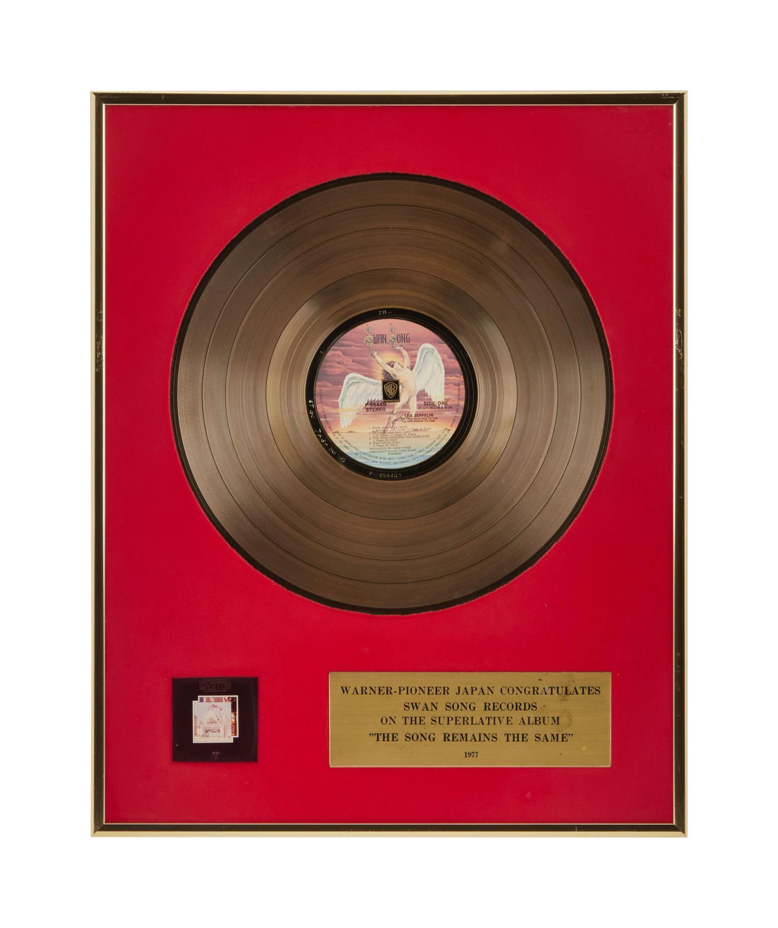 Led Zeppelin | "The Song Remains The Same" Soundtrack Record Award: A Warner Pioneer Japan "gold" record award presented to Swan Song Records in recognition of the "superlative" 1977 Led Zeppelin film soundtrack album, The Song Remains The Sam