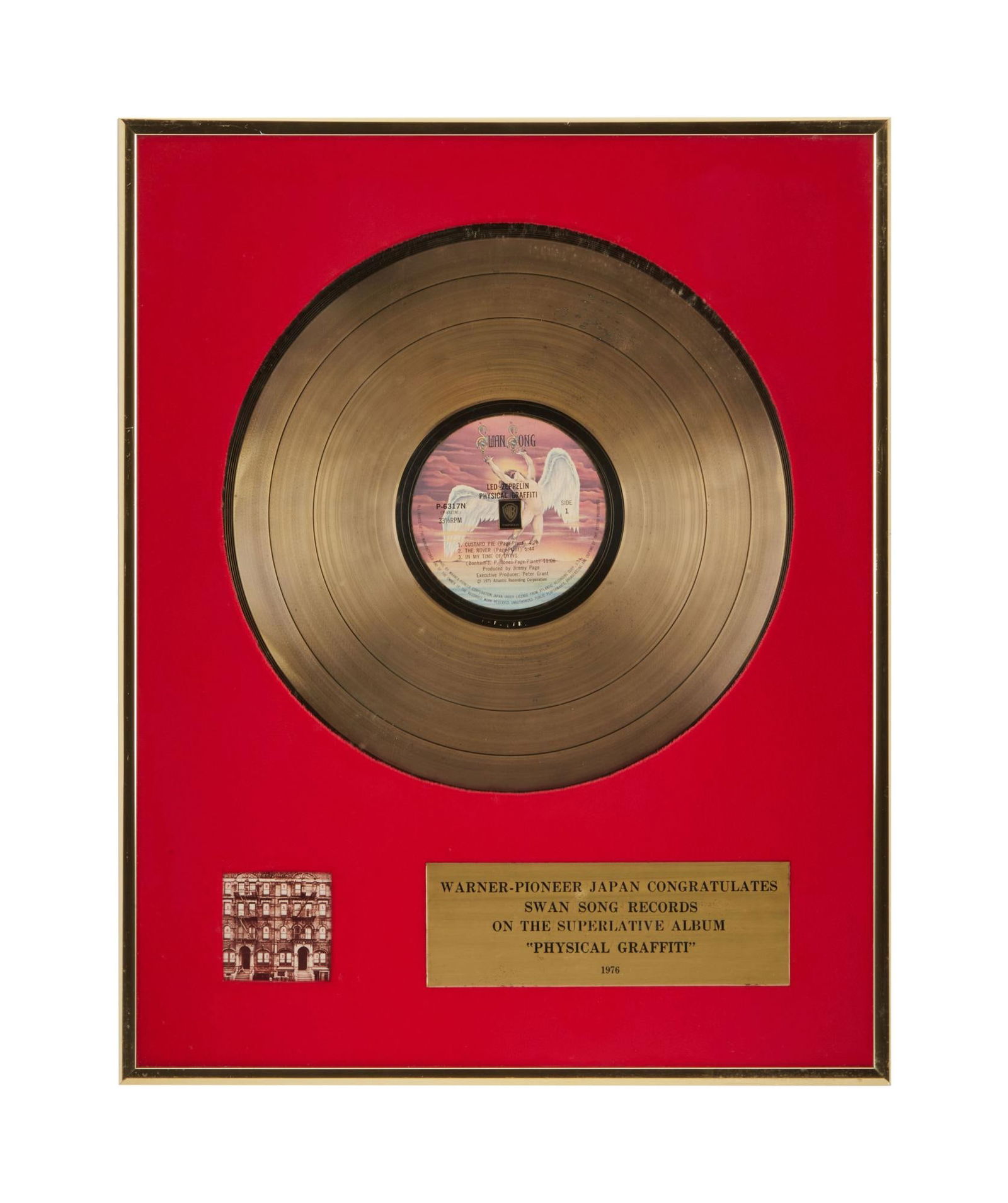 Led Zeppelin | Warner Pioneer "Gold" Sales Award for the Album "Physical Graffiti": A Warner Pioneer "gold" sales award presented to Swan Song Records to recognize sales of the 1976 Led Zeppelin album Physical Graffiti. 16 x 20 inches