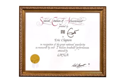 Eric Clapton | Signed "Layla" BMI Special Achievement Certificate