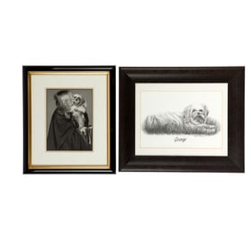 Christine McVie | Photograph of Christine McVie With Her Dog and Pencil Portrait of Dog