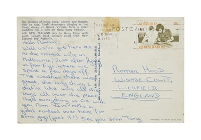 Black Sabbath | Tony Iommi 1973 Handwritten Postcard To Concert Promoter Norman Hood