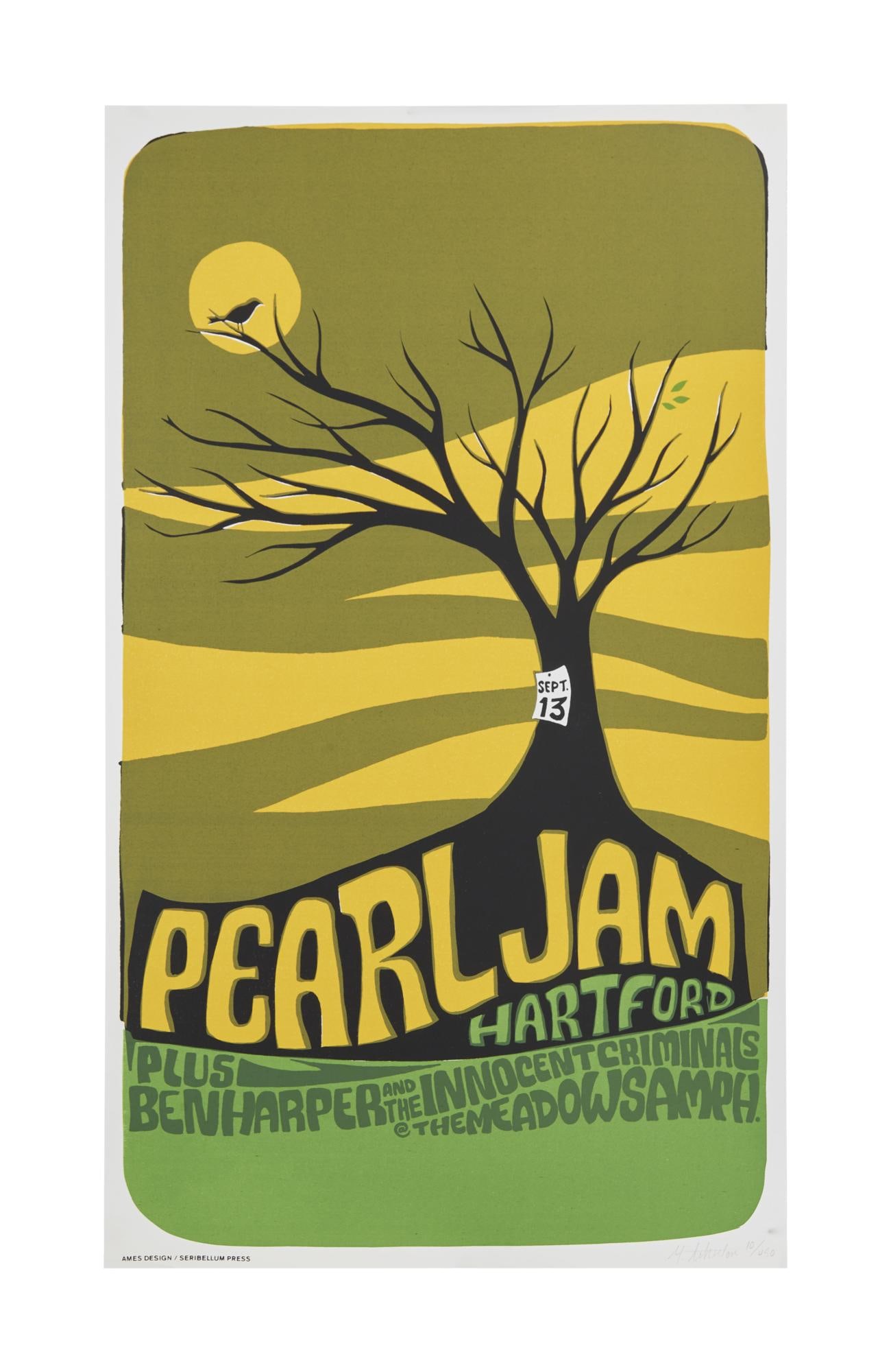 Pearl Jam | 1998 Artist Signed Original Ames Bros Meadows Music Theater Concert Poster: An original, signed Ames Bros concert poster for Pearl Jam's September 13, 1998 performance at Meadows Music Theater in Hartford, CT, with Ben Harper and the Innocent Criminals. This limited