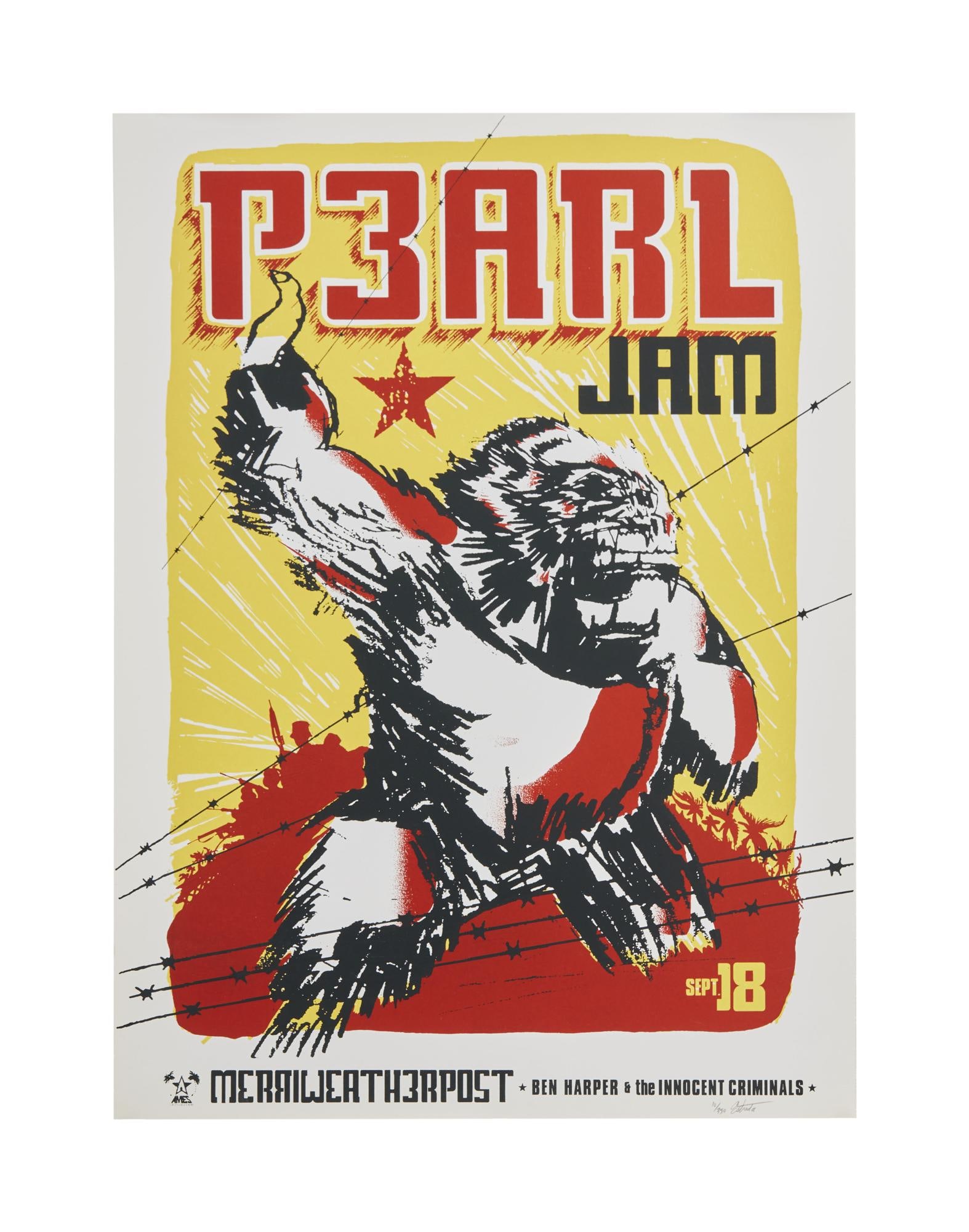 Pearl Jam | 1998 Artist Signed Ames Bros Merriweather Post Pavilion Concert Poster: An original Ames Bros.concert poster for Pearl Jam's September 18, 1998 performance at the Merriweather Post Pavilion in Columbia, MD, featuring guest Ben Harper and the Innocent Criminals. This l