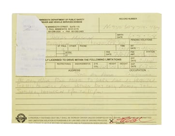 Prince | 2001 Signed Temporary Drivers License Evaluation Document with Receipt