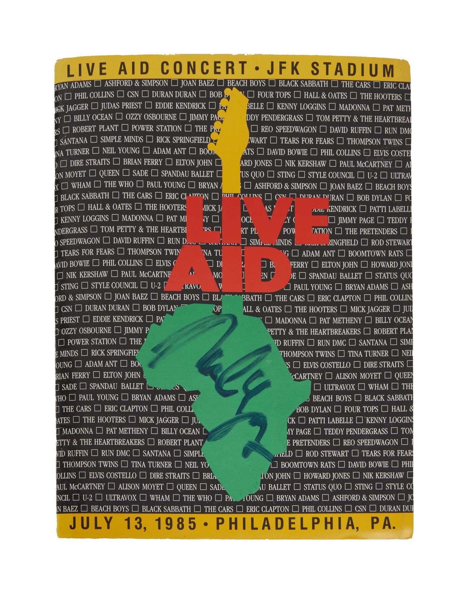 Live Aid | Bob Dylan, Madonna, Neil Young, and More Signed 1985 US Program: A multi artist signed US Live Aid Program, dated July 13, 1985, signed by various artists, musicians, Olympic gold medalists, etc. including: Bob Dylan, Madonna, Neil Young, Tina Turner, Grace Slick,
