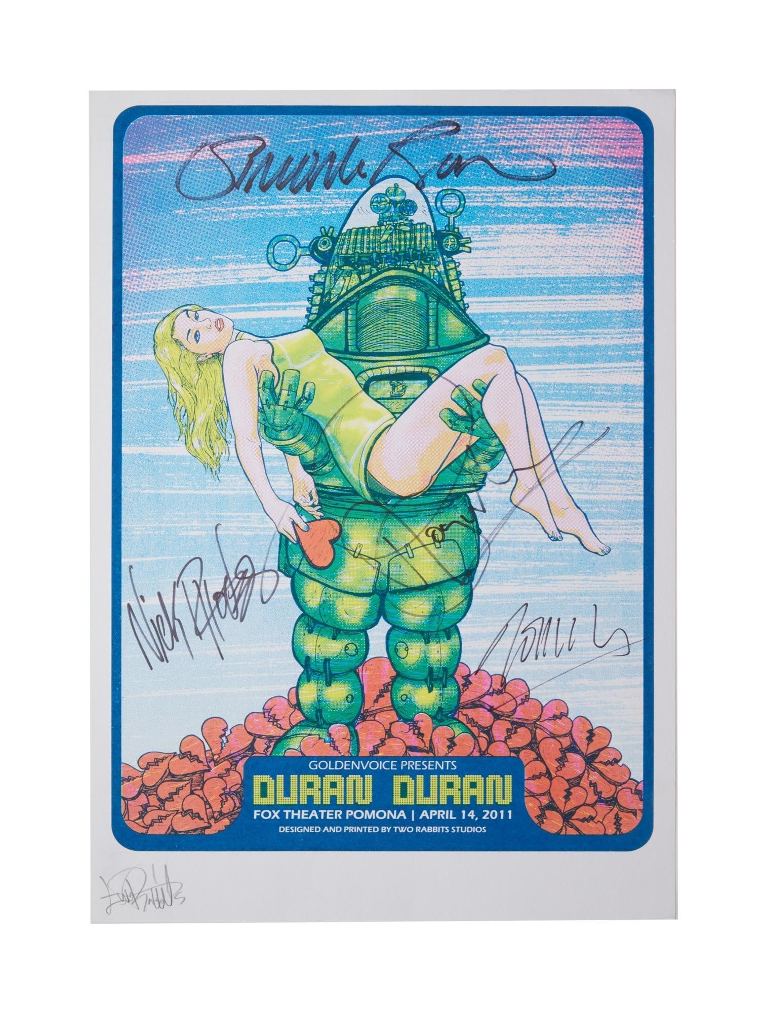 Duran Duran | Signed 2011 Fox Theater Concert Poster: A promotional concert poster for the Duran Duran performance at the Fox Theater in Pomona, CA on April 14, 2011, signed on the front by Simon Le Bon, Nick Rhodes, Roger Taylor, and John Taylor in blac