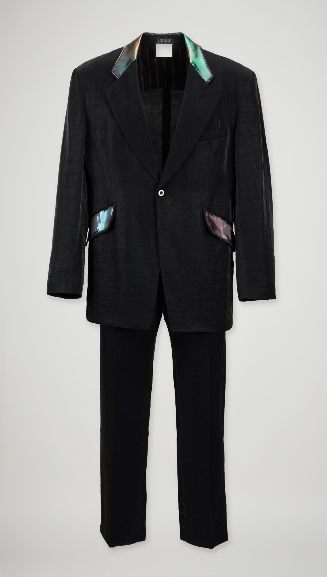 Yukio Kobayashi for Matsuda | 1980s Iridescent Black Suit: Iridescent black suit with reflective collar by Japanese designer Yukio Kobayashi for Mitsuhiro Matsuda. Designed post 1983, when Kobayashi was named menswear desiger at Matsuda, making this piece lik
