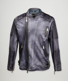 Phillip Plein | Limited Edition Grey Blue Leather Motorcycle Jacket