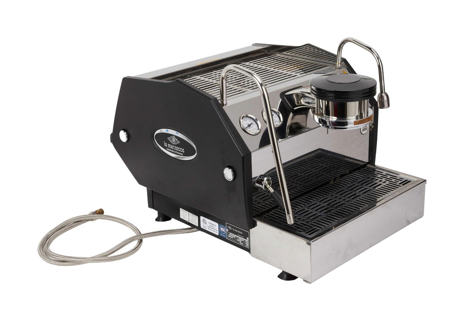 David Lynch | La Marzocco GS/3 Home Espresso Machine (A): A large, top-of-the-line home espresso machine; made in Italy, with added accoutrements including portafillers, filter baskets, a tamper, a cleaning brush, machine cleaner, a red coffee knock box, and