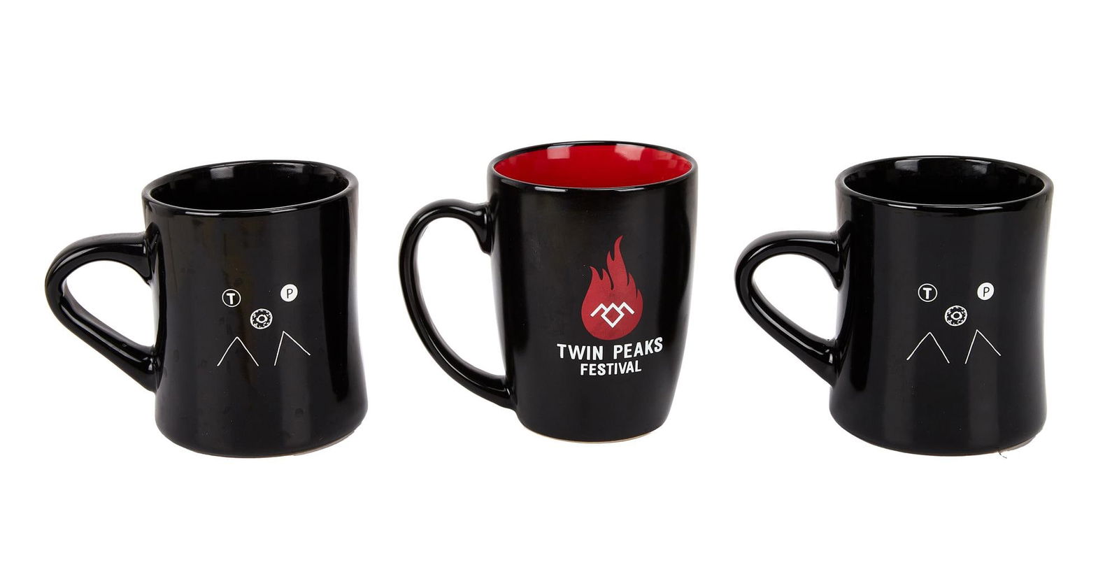 David Lynch | "Twin Peaks" Related Coffee Mugs: A group of three; made of ceramic; two black with imagery related to the series; one black with red detailing and text on front reading, "Twin Peaks / Festival" and on back, "Damn good