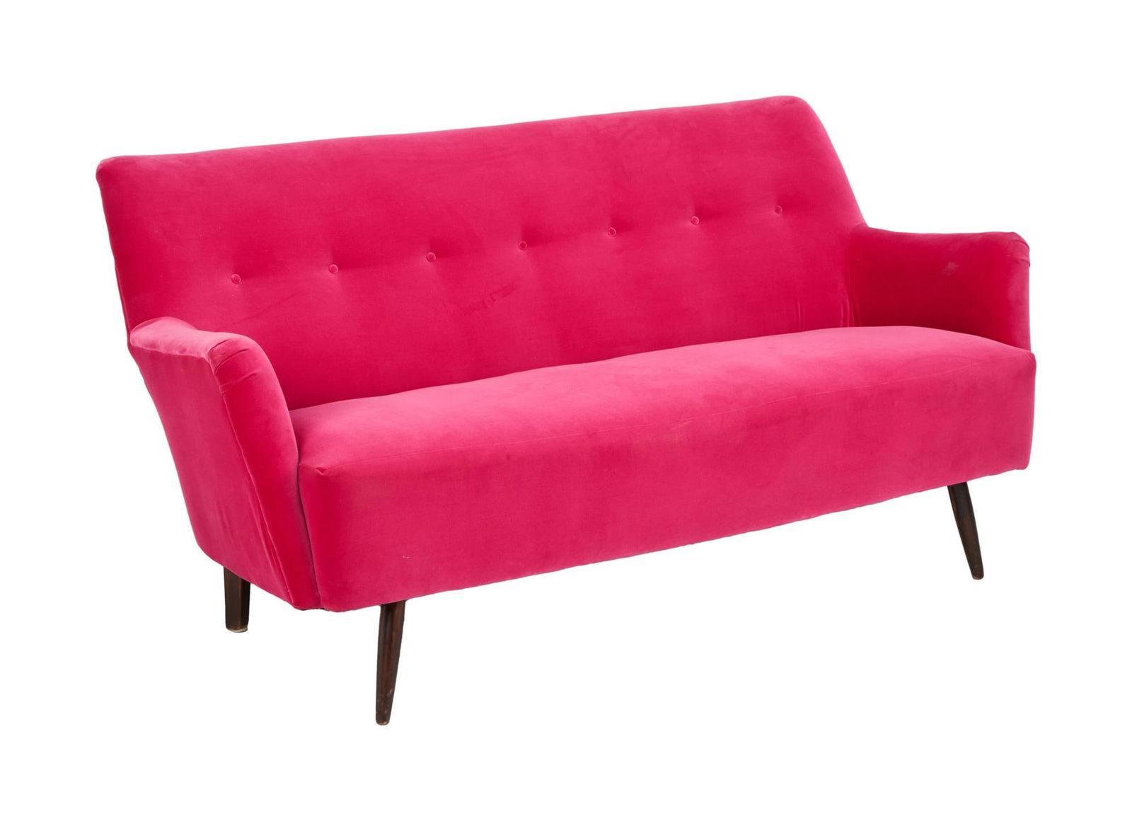 David Lynch | Mid Century Style Hot Pink Velvet Sofa: A pink velvet upholstered sofa with button-tufting on the seat back and black tapering legs. A pink velvet upholstered sofa with button-tufting on the seat back and black tapering legs. PROVENANCE Fro