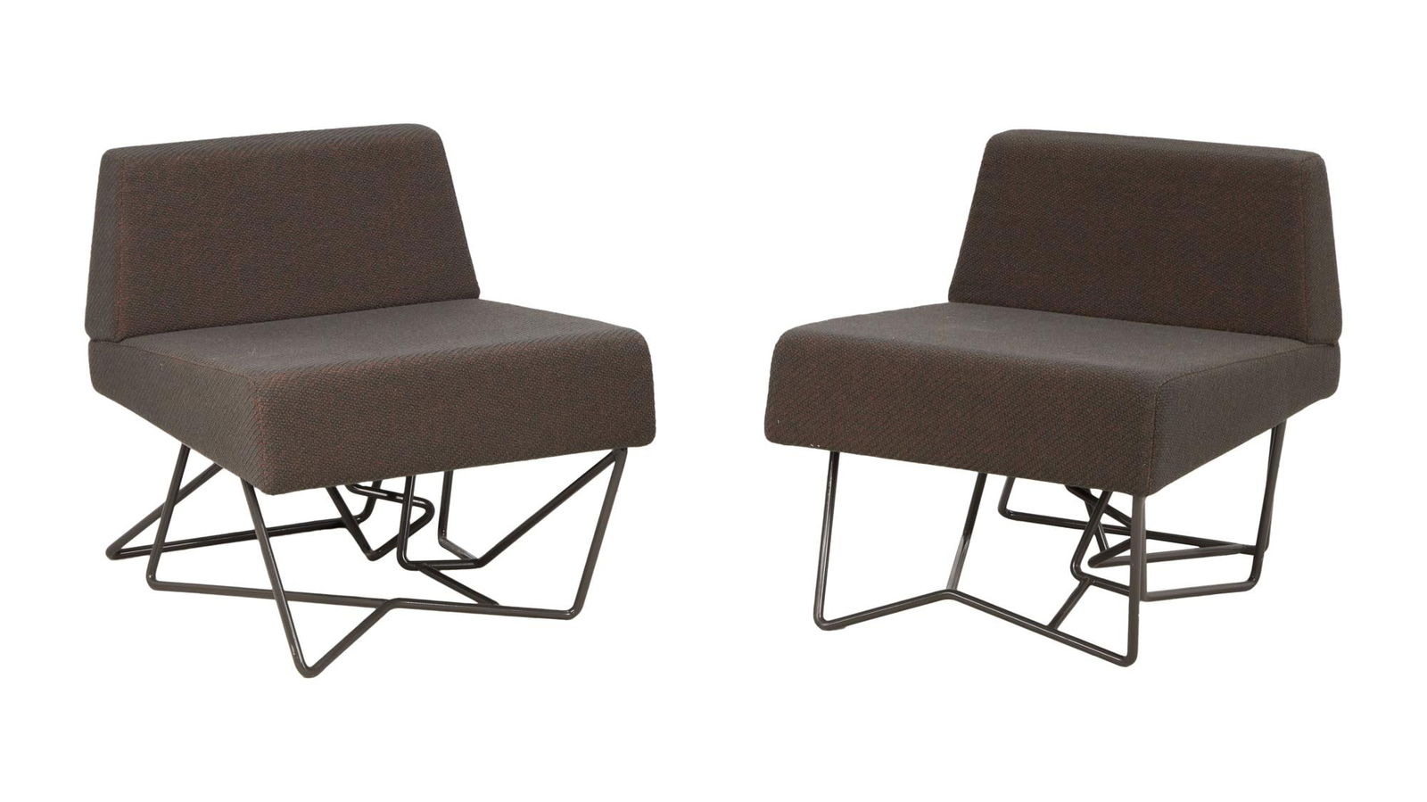 David Lynch | Pair of David Lynch Limited Edition Domeau & Peres Silencio Club Chairs: A pair of upholstered low side chairs with black metal bases, manufactured in a limited edition by Domeau & Peres. A pair of upholstered low side chairs with black metal bases, manufactured in a l