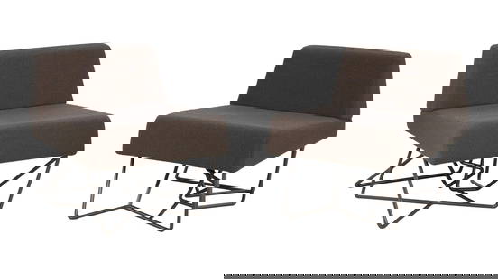 David Lynch | Pair of David Lynch Limited Edition Domeau & Peres Silencio Club Chairs: A pair of upholstered low side chairs with black metal bases, manufactured in a limited edition by Domeau & Peres. A pair of upholstered low side chairs with black metal bases, manufactured in a
