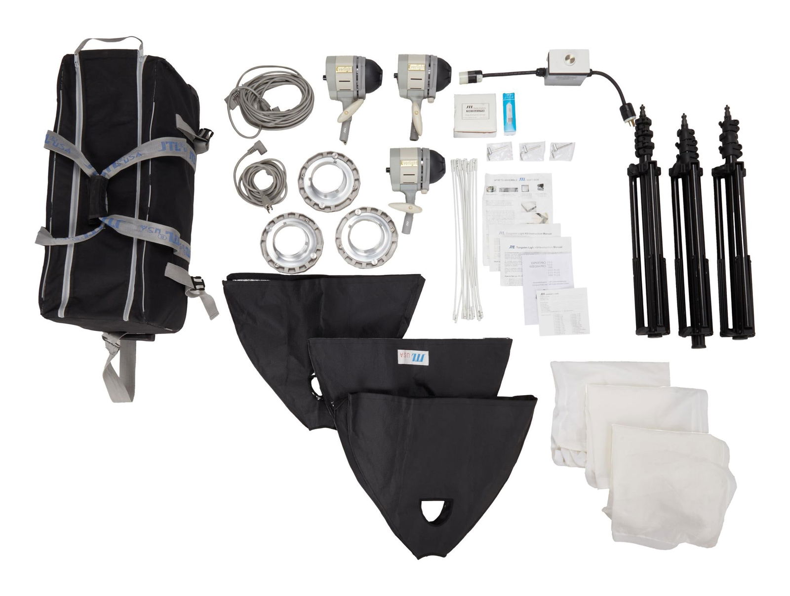 David Lynch | JTL Everlight Kit: JTL Everlight Kit. Includes: Three Everlight 2817/ 2817-1 lights with Output 500W/750W, one dimmer switch, two 15" power cables, three silver 2x2 soft boxes with accompanying poles, three white d