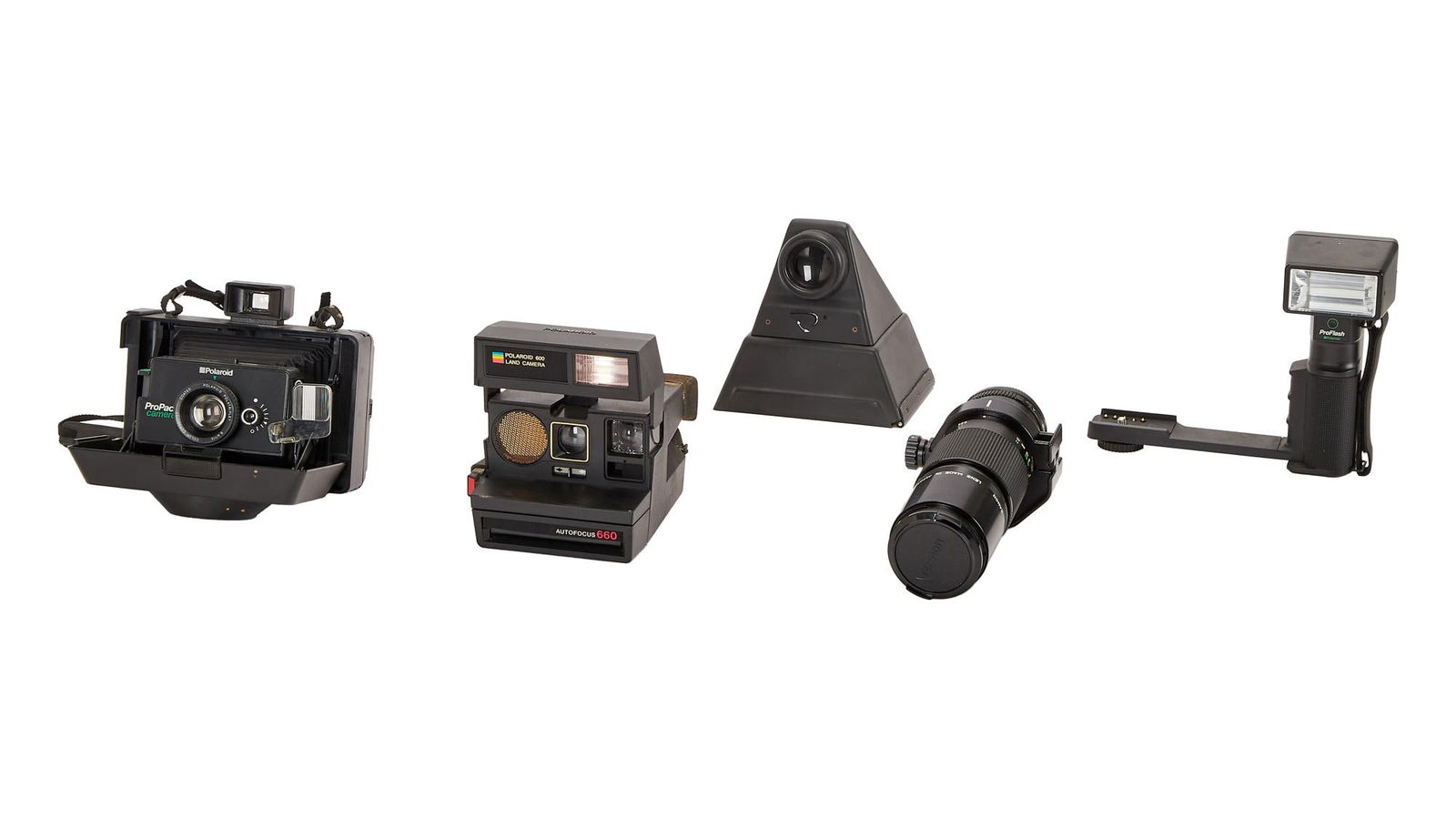 David Lynch | Two Polaroid Cameras with Accessories: Two Polaroid cameras with additional accessories, from the home of David Lynch. Includes: Polaroid 600 Land Camera with AutoFocus 660. Polaroid ProPack Camera with Color Corrected Coated Polaroid Pola