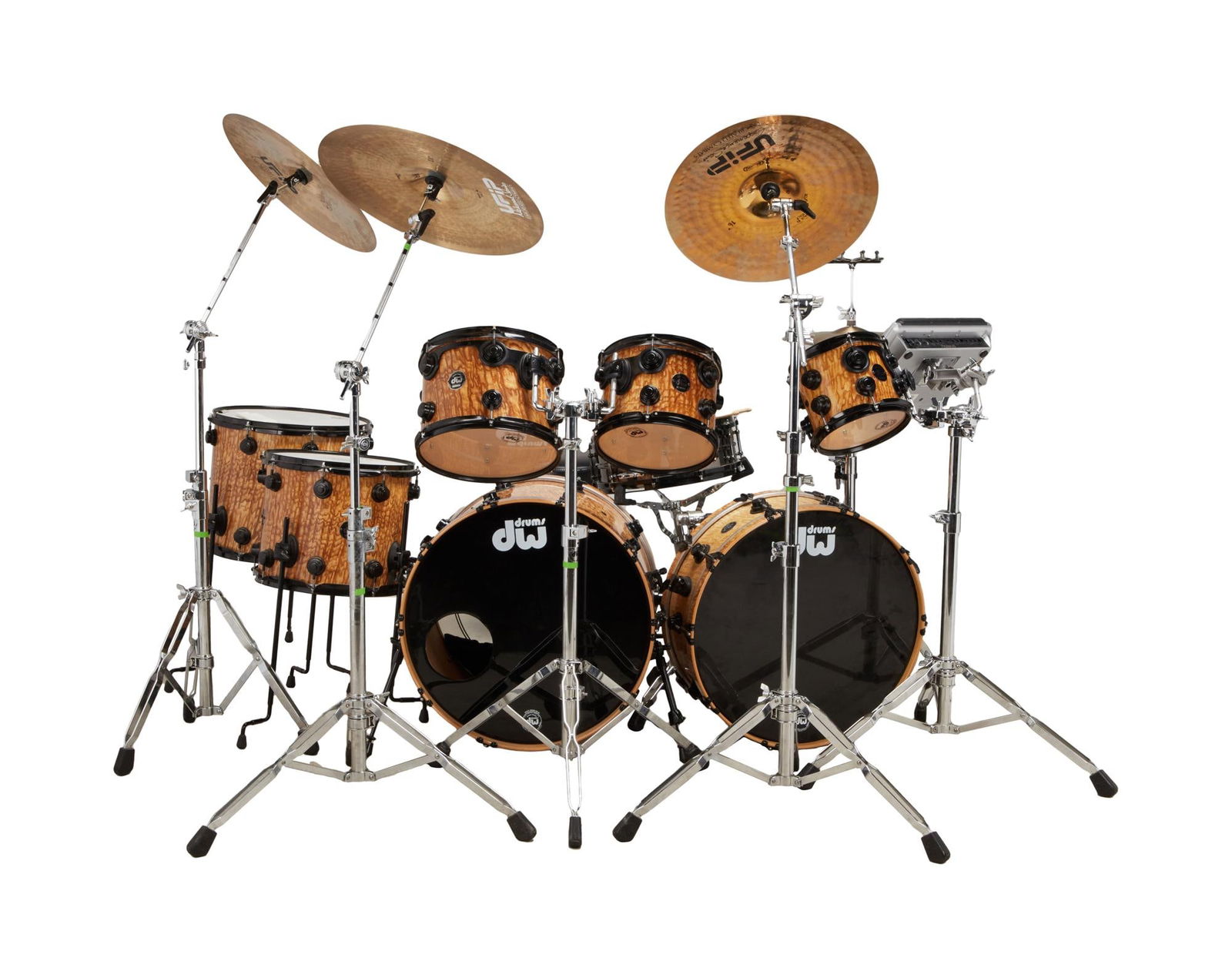 David Lynch | Studio Played DW 10 Piece Drum Kit with Hardware, Roland Sampling Pad, Kick Tower, and: A 1998 DW (Drum Workshop) drum kit made with maple shells and quilted Tamo Ash veneer which comes from the personal recording studio of David Lynch. From the summer of 1998 to March of 2000, this kit