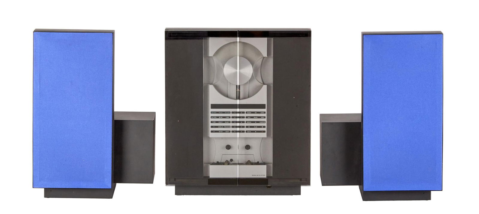 David Lynch | Bang & Olufsen Beosound 4000 CD and Cassette Player with Speakers: A Bang & Olufsen Beosound 4000 CD and Cassette player with matching speakers, in black finish with blue speaker cloth. Features a CD player up top and a cassette deck on the bottom, a full array o