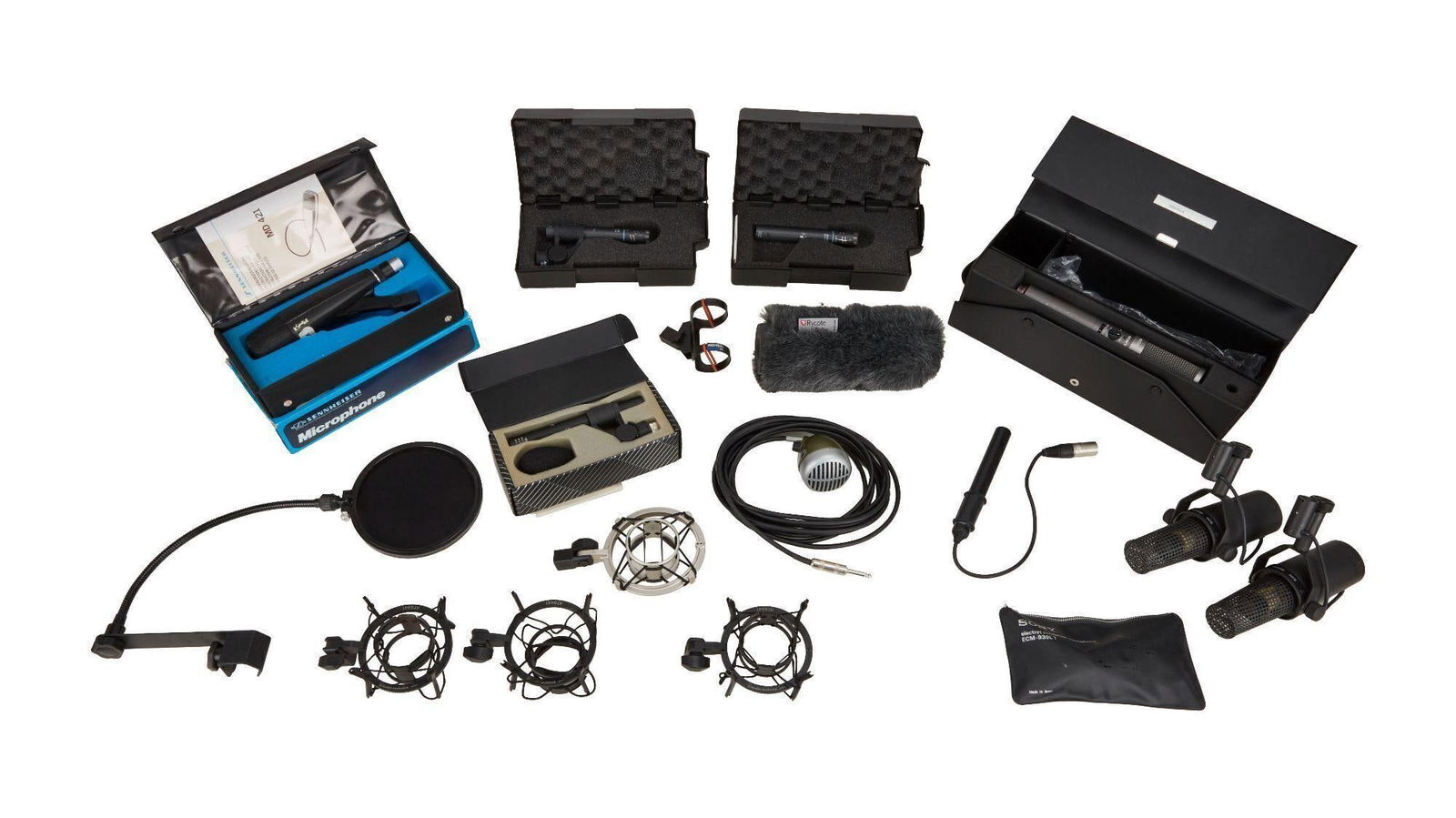David Lynch | Assorted Studio Microphones and Accessories: A lot of 10 microphones from the personal recording studio of David Lynch. The following mics are included:?2x AKG C391 B with cases. Tape on the lids of each with “Lynch” written on them.