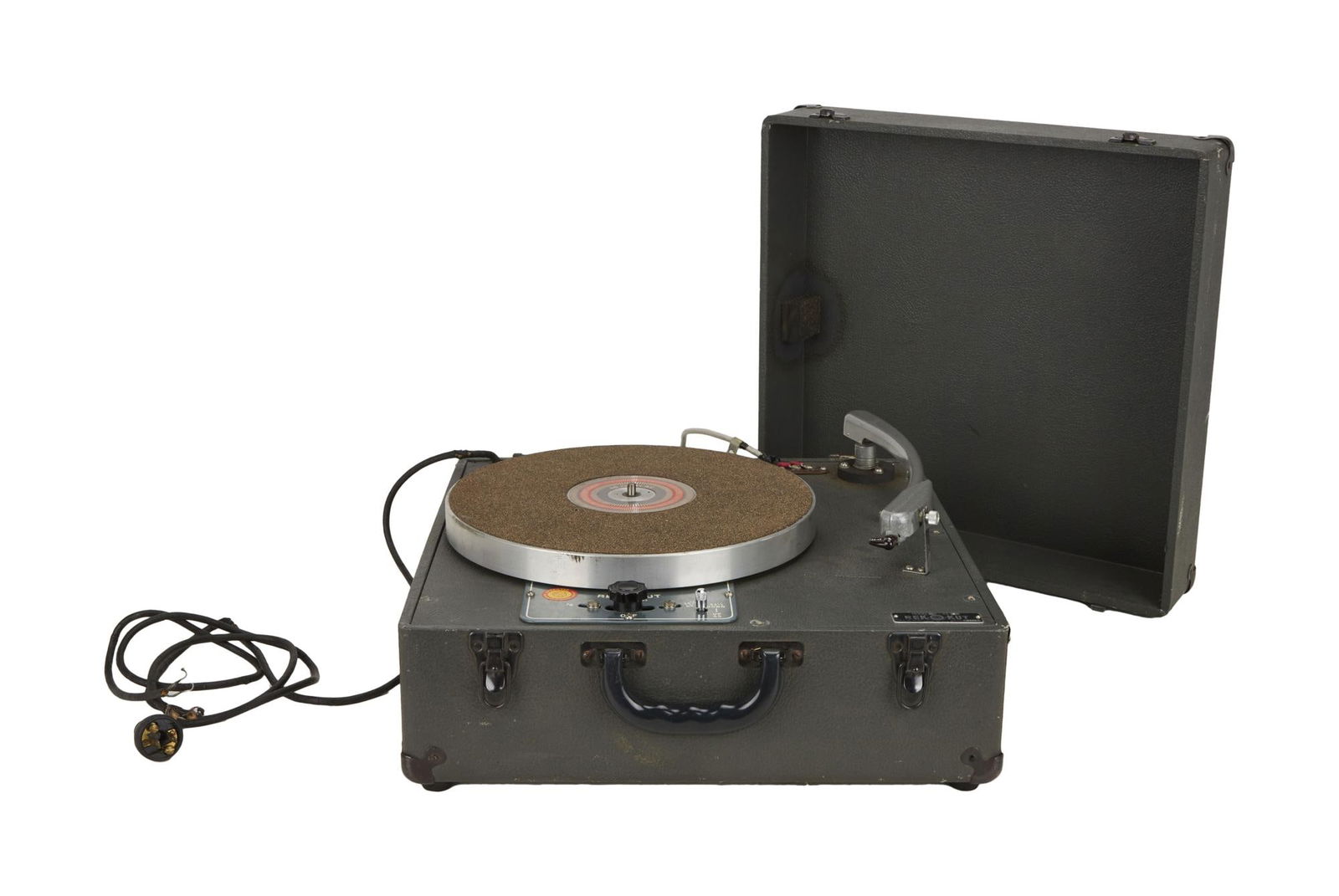 David Lynch | Rek-O-Kut P43C Record Player: A c.1950s Rek-O-Kut P43c record player, serial #2384, in a carry-read wooden case covered in grey tolex. Features an 11 3/4” cork-covered platte and a speed selector for 78 and 33 1/3 or 45. Pow