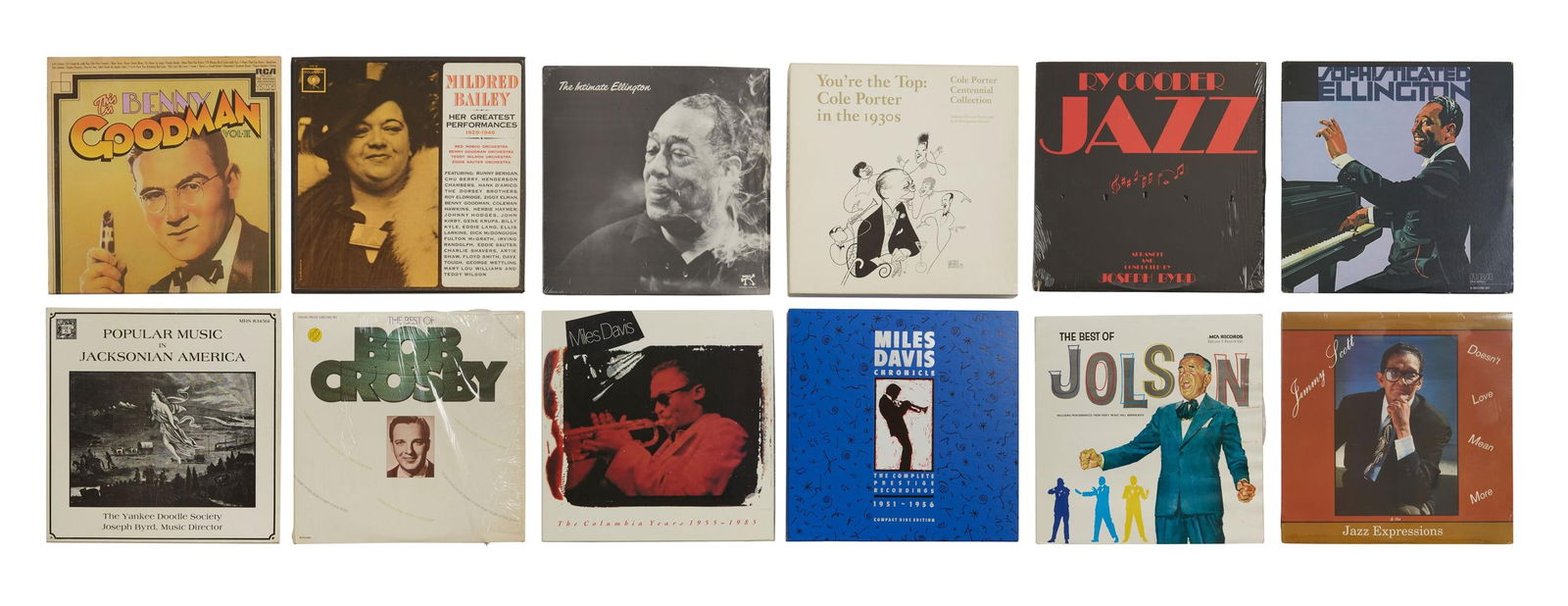 David Lynch | Personal Collection Of Jazz Legends Record Albums: A collection of jazz records from the home of David Lynch, including albums by Mildred Bailey, Ry Cooder, Bob Crosby, Miles Davis, Duke Ellington, Benny Goodman, Al Jolson, and Cole Porter, as well as