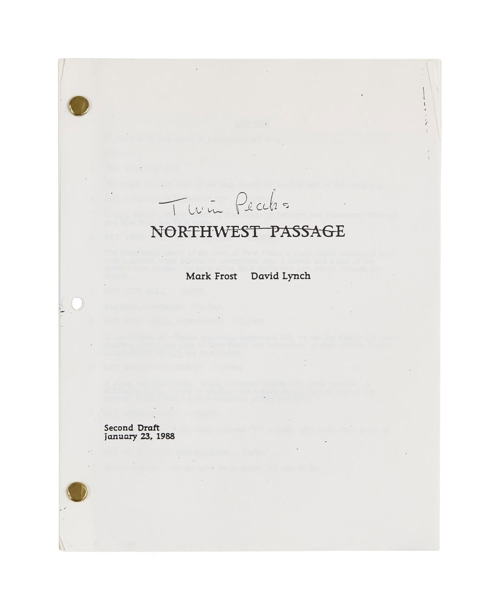 David Lynch | "Twin Peaks" Scripts Under "Northwest Passage" Title: Two copies of the second draft script for the pilot episode of David Lynch and Mark Frost's drama series, Twin Peaks (ABC, 1990-1991). Both copies are dated January 23, 1988 and are 101