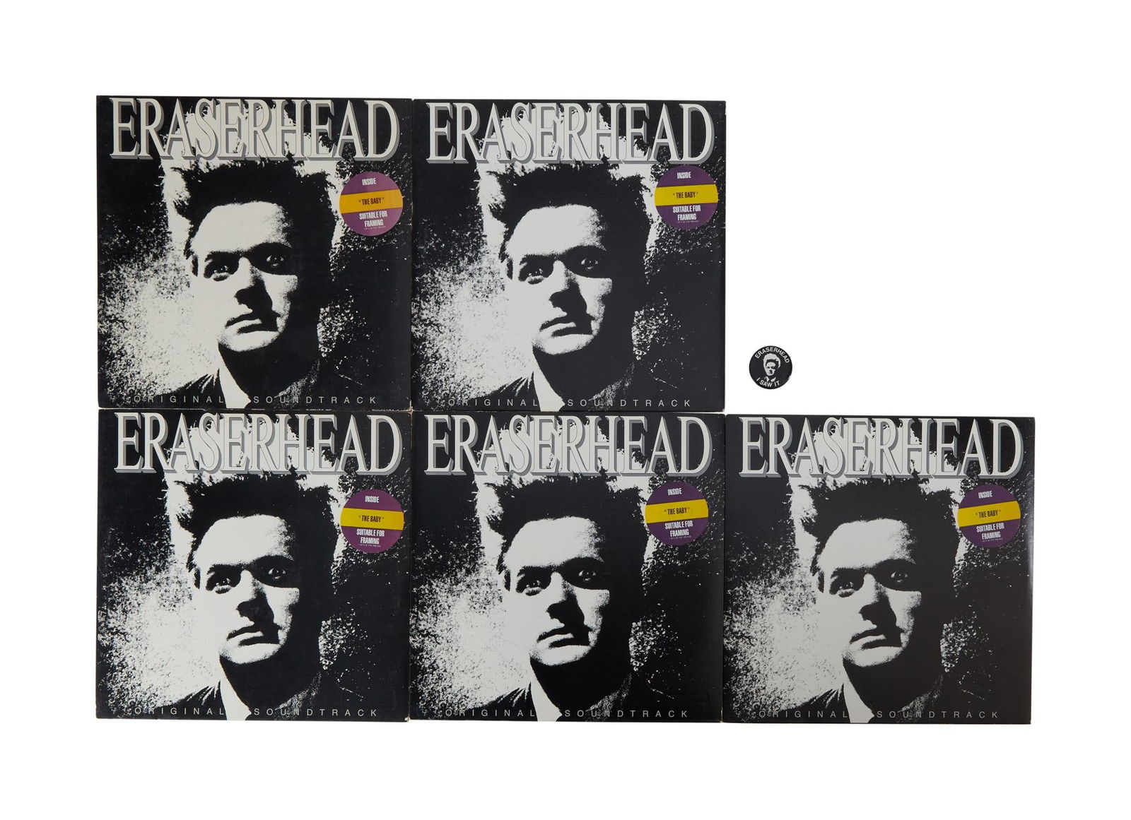 David Lynch | "Eraserhead" Five Rare Original Soundtrack Records with Vintage Button: Five rare original vinyl record soundtrack albums for David Lynch's debut film Eraserhead (Libra Films, 1977). These five promotional records are from the original 1982 pressing by Inter