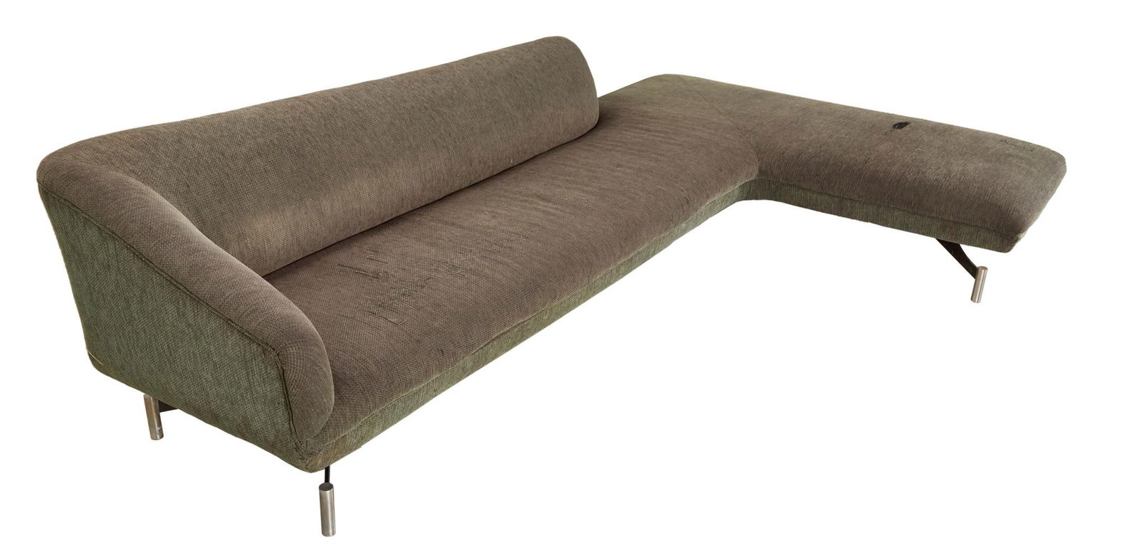 David Lynch | Vladimir Kagan Swan Back Sofa: A greyish-green upholstered sofa with enameled steel and matte-chrome plated steel legs, originally designed by Vladimir Kagan for Kagan-Dreyfuss in 1955. A greyish-green upholstered sofa with enamele