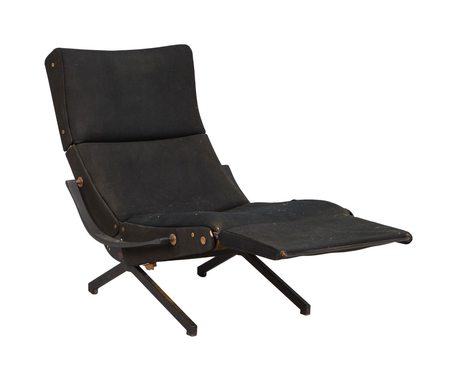 David Lynch | Osvaldo Borsani for Techno P40 Lounge Chair: A vintage black fabric upholstered adjustable lounge chair with brass hardware, designed by Osvaldo Borsani for Techno. A vintage black fabric upholstered adjustable lounge chair with brass hardware,
