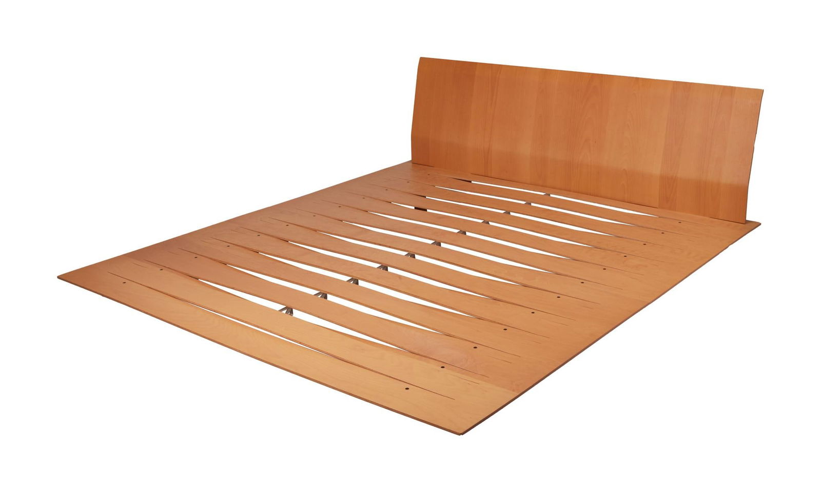 David Lynch | Sottiletto Queen Bed Frame by Horm: An Italian-made, wooden, sottiletto queen bed frame by Horm, from the home of David Lynch. The base of the frame is is comprised of beech plywood with flexible slats with spacers that achieves a high