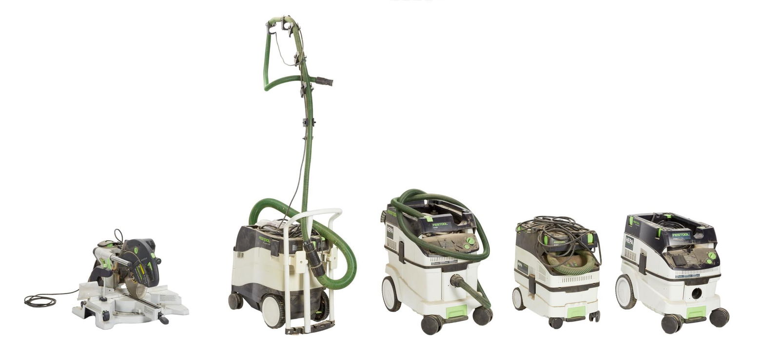 David Lynch | Festool Chop Saw and Four-Unit Shop Vac Setup: A Festool brand KS 120 EB model chop saw, together with a four-unit Festool brand HEPA dust extractor setup from David Lynch's art studio workshop. A Festool brand KS 120 EB model chop saw, togeth