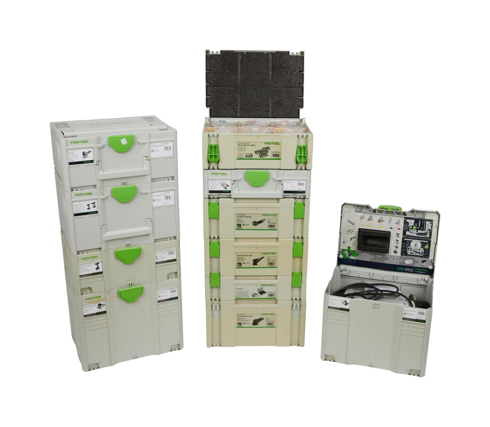 David Lynch | Festool Power Tools with Systainer Cases: A collection of eleven Festool power tools with accompanying Systainer cases (in three generations). Includes: TS 55 REQ-F-Plus USA Circular Saw (No. 574683) T 15+3 LI 4,2 Plus USA Cordless Drill (No.