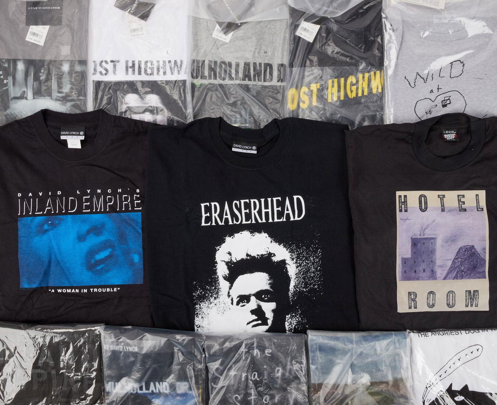 David Lynch | Film T-Shirts: A collection of t-shirts relating to various film and television projects by David Lynch. Includes shirts for: Eraserhead (Size XL)Eraserhead (Size L)Hotel Room (Size L)Wild at